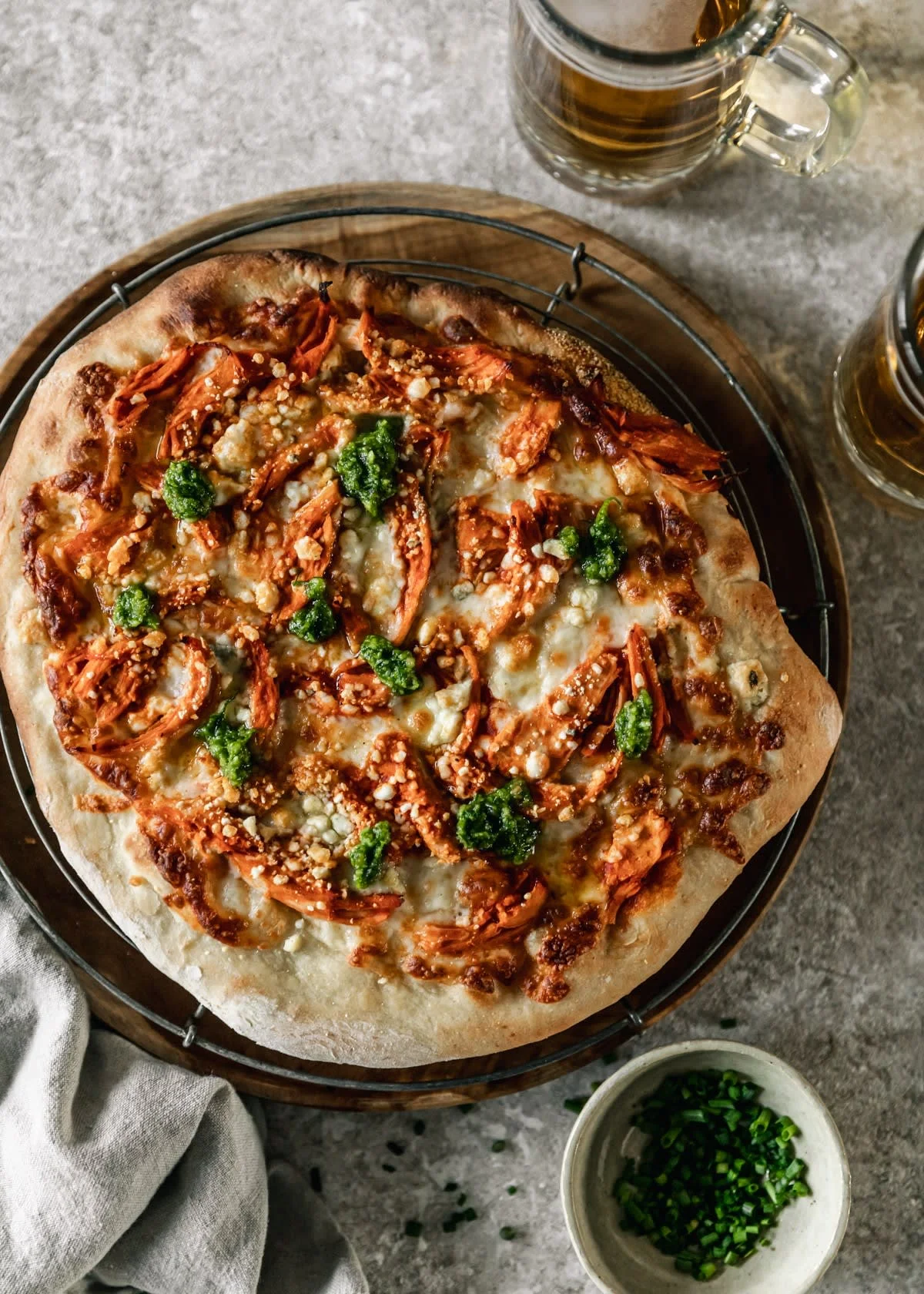 Buffalo Chicken Pizza With Chive Pesto