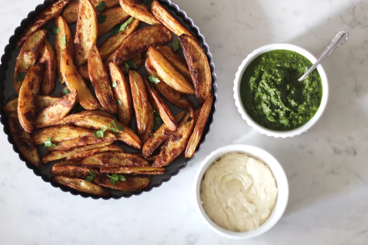 Potato Wedges With Zhoug + Garlic Aioli