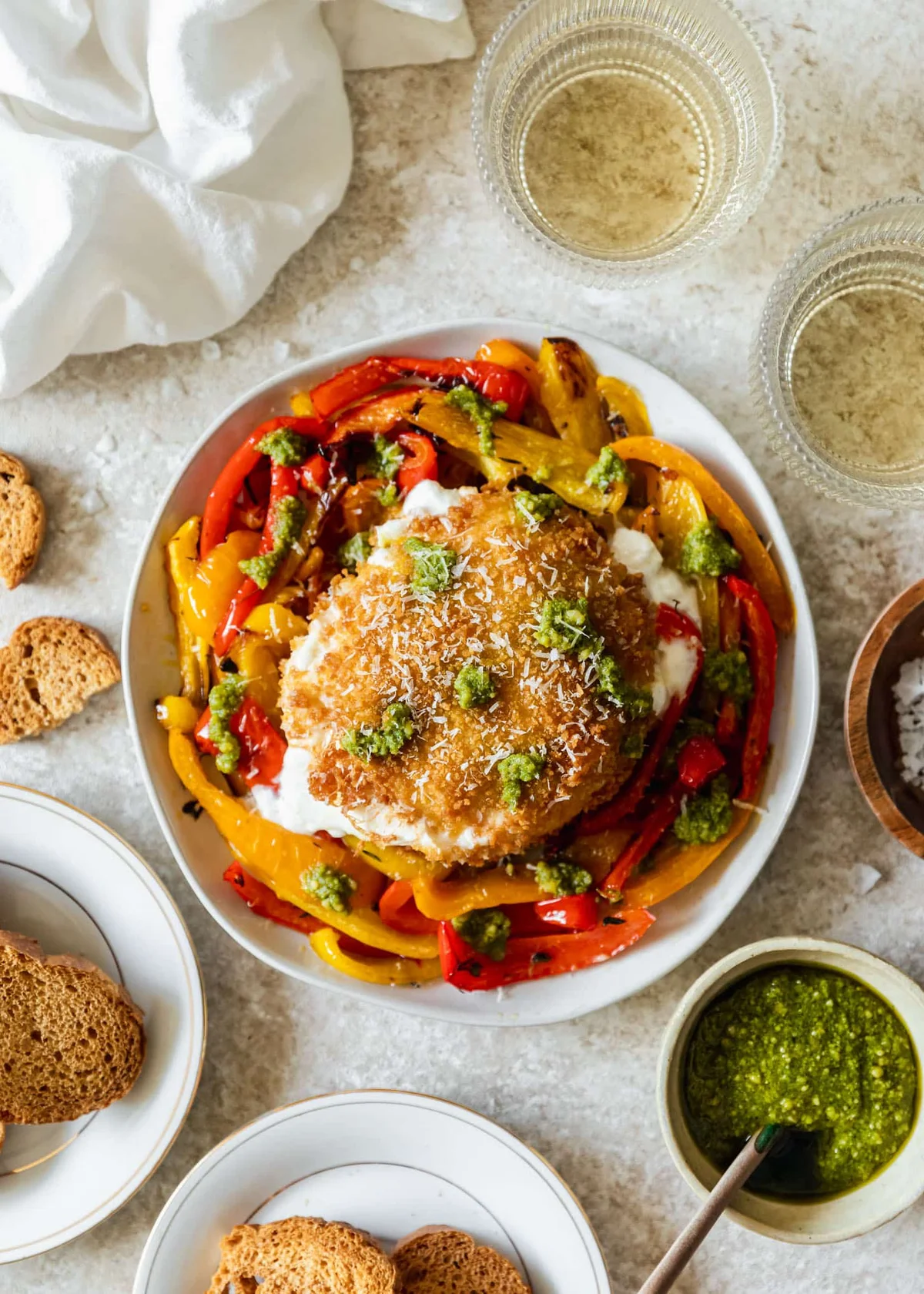 Fried Burrata With Roasted Peppers & Pesto