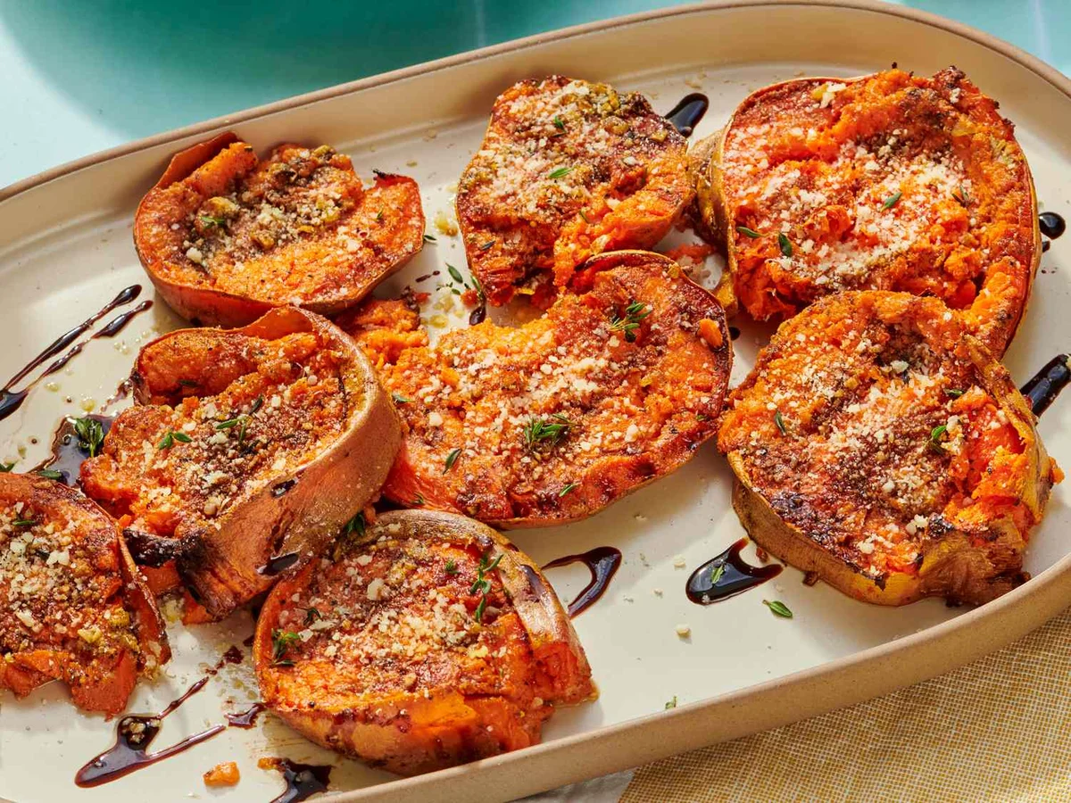 Mediterranean Smashed Sweet Potatoes