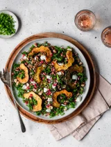 Farro Salad With Acorn Squash, Kale, + Pomegranate