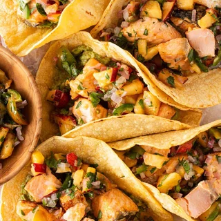 Bang Bang Salmon Tacos With Peach Salsa