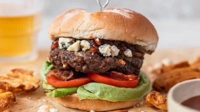 Blue Cheese Burgers With Bbq Shallots & Jalapeños