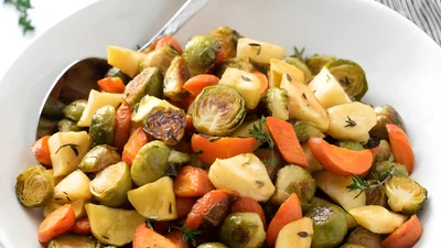 Maple Thyme Roasted Brussels Sprouts, Carrots and Parsnips